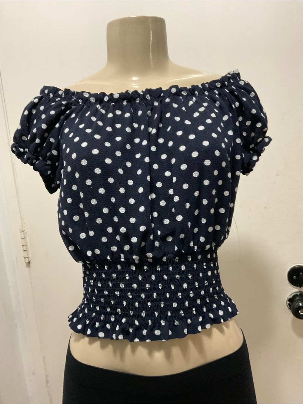 Miley+ Molly women’s Navy Polka Dot Off-Shoulder Smocked Waist Top size M
